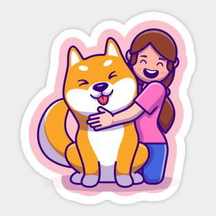 Cute Girl With Shiba Inu Dog Cartoon Sticker